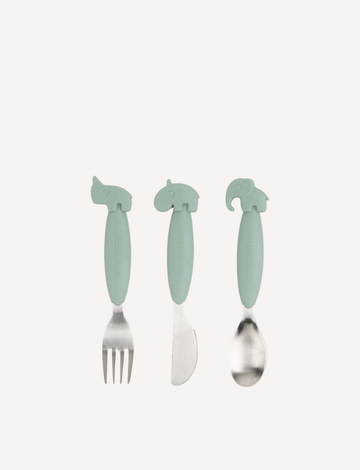 The Easy-Grip Cutlery Set by Done by Deer includes three green toddler utensils, each featuring a silicone handle shaped like an animal head: a fork with a rhinoceros, a knife with a hippopotamus, and a spoon with an elephant. This kids cutlery set is perfect for little hands and makes mealtime fun.