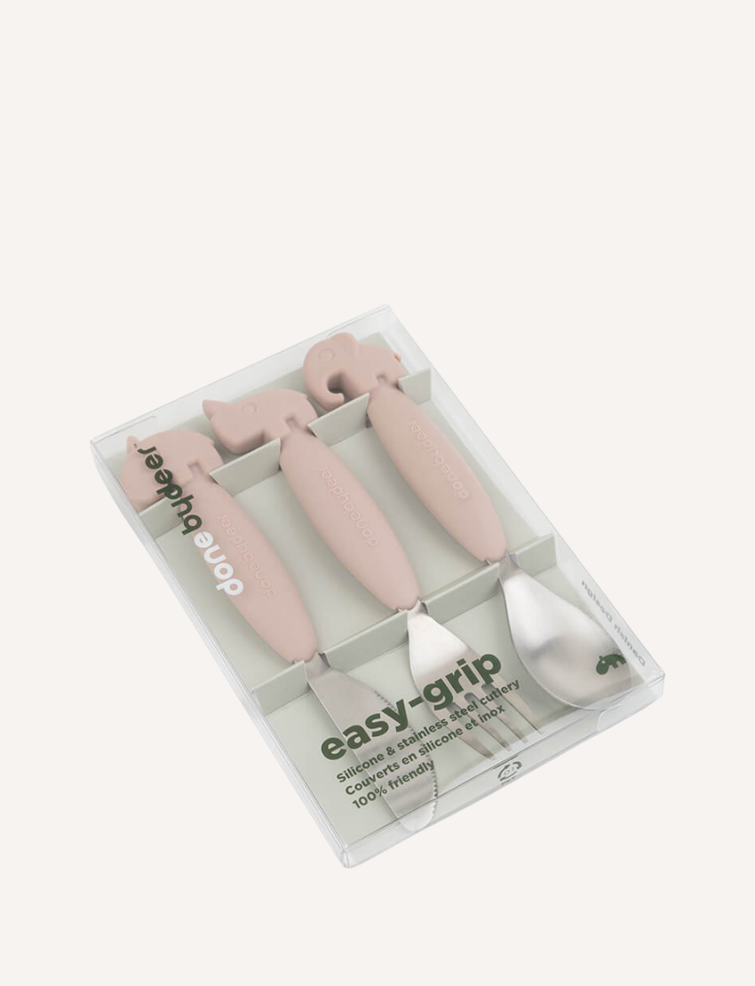 The Easy-Grip Cutlery Set by Done by Deer includes three green toddler utensils, each featuring a silicone handle shaped like an animal head: a fork with a rhinoceros, a knife with a hippopotamus, and a spoon with an elephant. This kids cutlery set is perfect for little hands and makes mealtime fun.