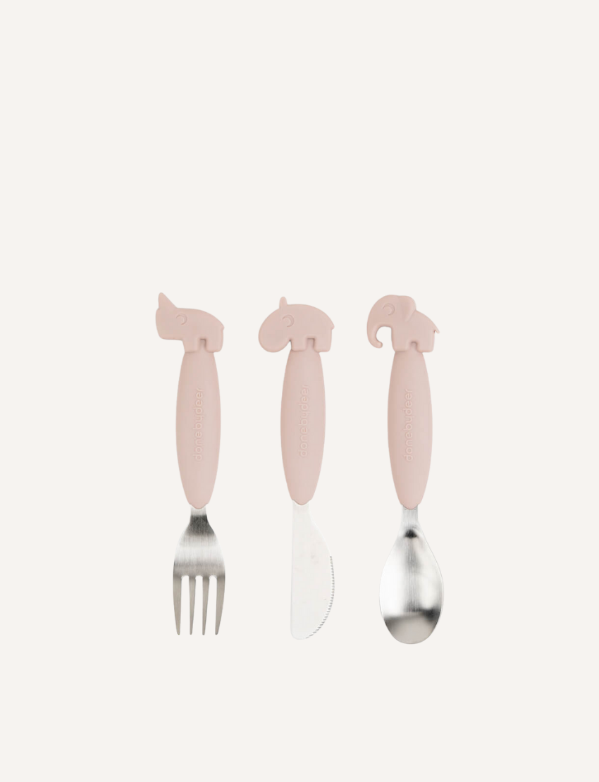 The Easy-Grip Cutlery Set by Done by Deer includes three green toddler utensils, each featuring a silicone handle shaped like an animal head: a fork with a rhinoceros, a knife with a hippopotamus, and a spoon with an elephant. This kids cutlery set is perfect for little hands and makes mealtime fun.