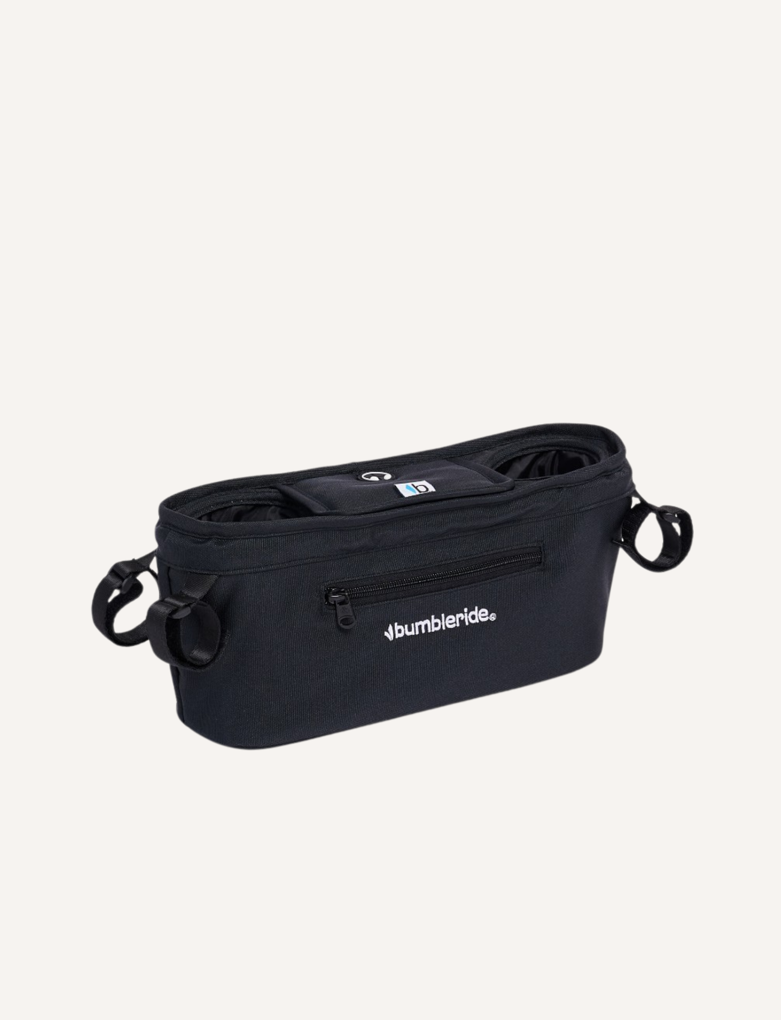 The Bumbleride Parent Pack - Black by Bumbleride includes two cup holders, a front zippered pocket, and convenient attachment loops on both sides. The organizer prominently displays the Bumbleride logo on the front. This stylish and practical accessory is also machine washable for easy care. It is showcased against a plain, light-colored background.