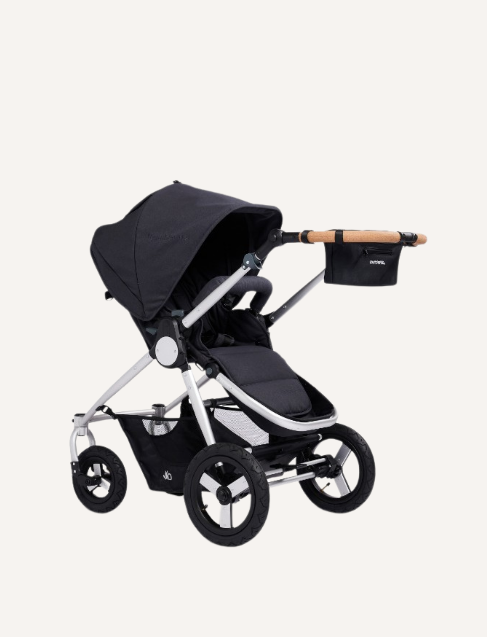 The Bumbleride Parent Pack - Black by Bumbleride includes two cup holders, a front zippered pocket, and convenient attachment loops on both sides. The organizer prominently displays the Bumbleride logo on the front. This stylish and practical accessory is also machine washable for easy care. It is showcased against a plain, light-colored background.