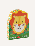 Image of a 12-piece shaped puzzle featuring a lion's face on the packaging. The colorful box has a striped pattern on the sides and greenery around the lion. Text reads 