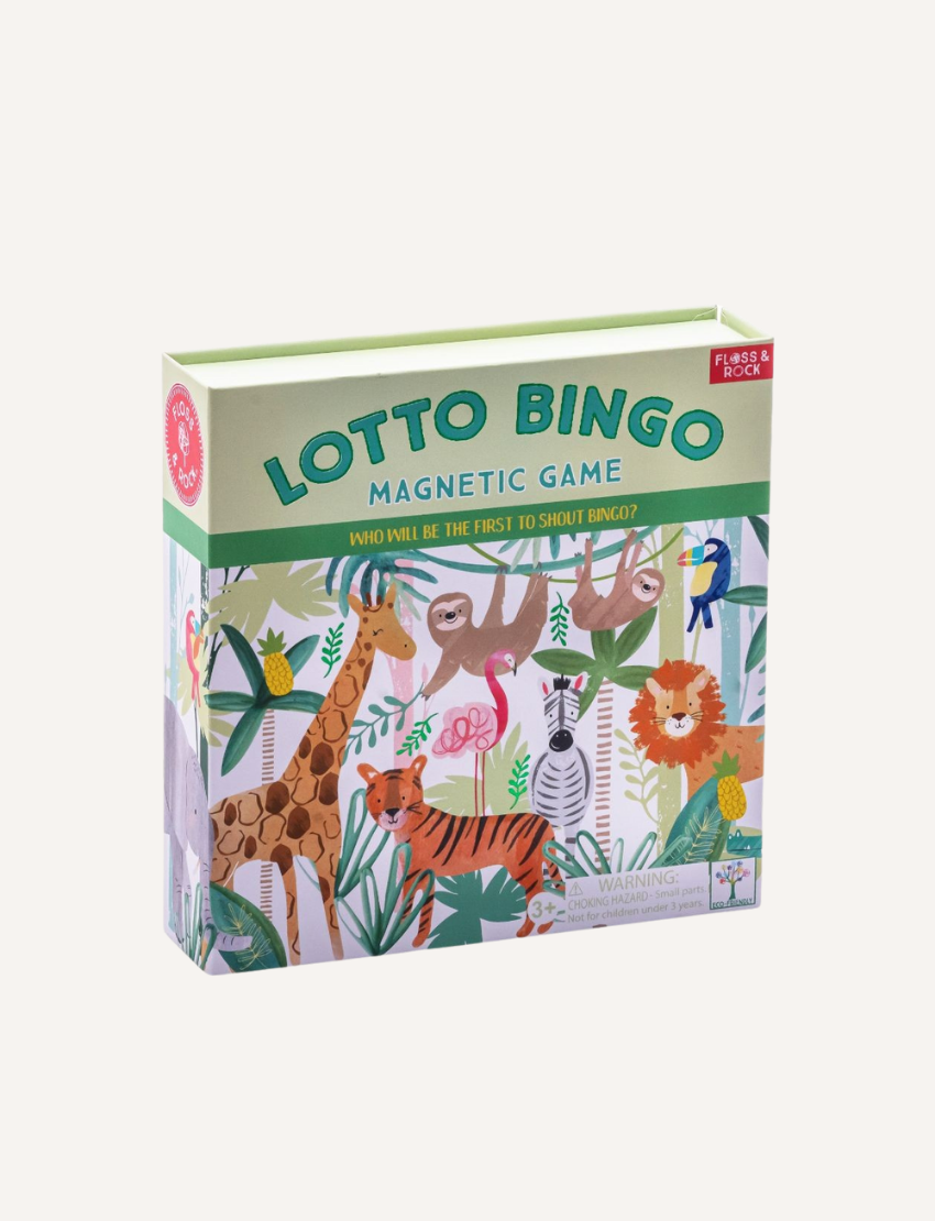 A boxed game titled "Lotto Bingo" from Floss & Rock comes in a travel-friendly, magnetic-closure box with underwater-themed artwork on the cover, featuring various sea creatures and a submarine. The box indicates it is suitable for ages 3 and up and includes a warning label.