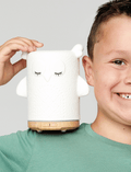 A white ceramic owl-shaped essential oil diffuser, ideal for children's aromatherapy, is placed next to its box. The box showcases 