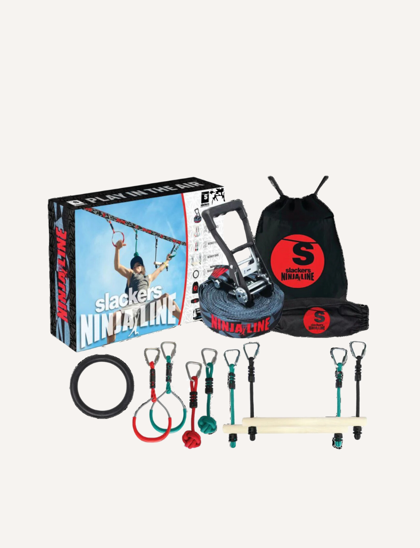 The image features the NinjaLine 36' Intro Kit by Slackers, displaying a box, black carrying bag, NinjaLine, and attachments including rings, bars, and grips. Ideal for creating a hanging obstacle course for ninja training and recreational activities.