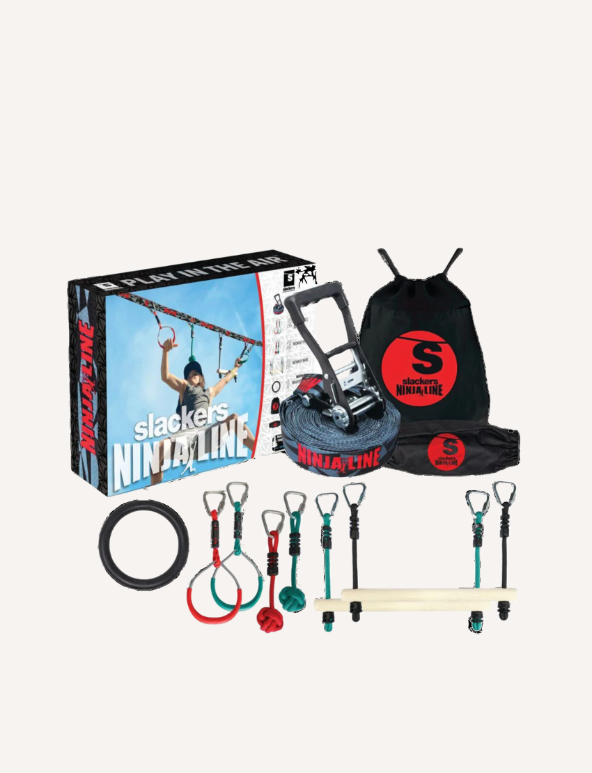 Slackers Ninja Line Intro Kit with a slackline, ratched, carry bag, and various ninja obstacles.
