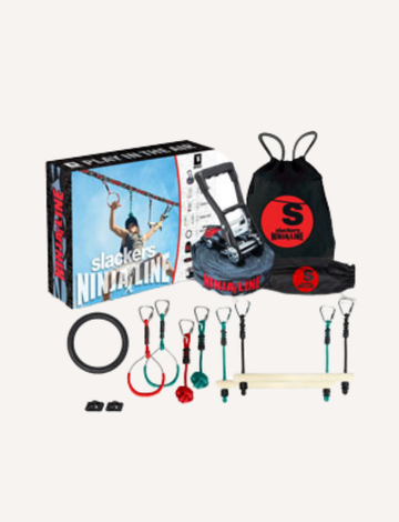 A Slackers NinjaLine 36' Intro Kit is showcased, featuring a range of obstacles and accessories. The kit comes with a carrying bag, grips, rings, a wooden bar, and a ninja line, all crafted for outdoor physical activity and enjoyment.