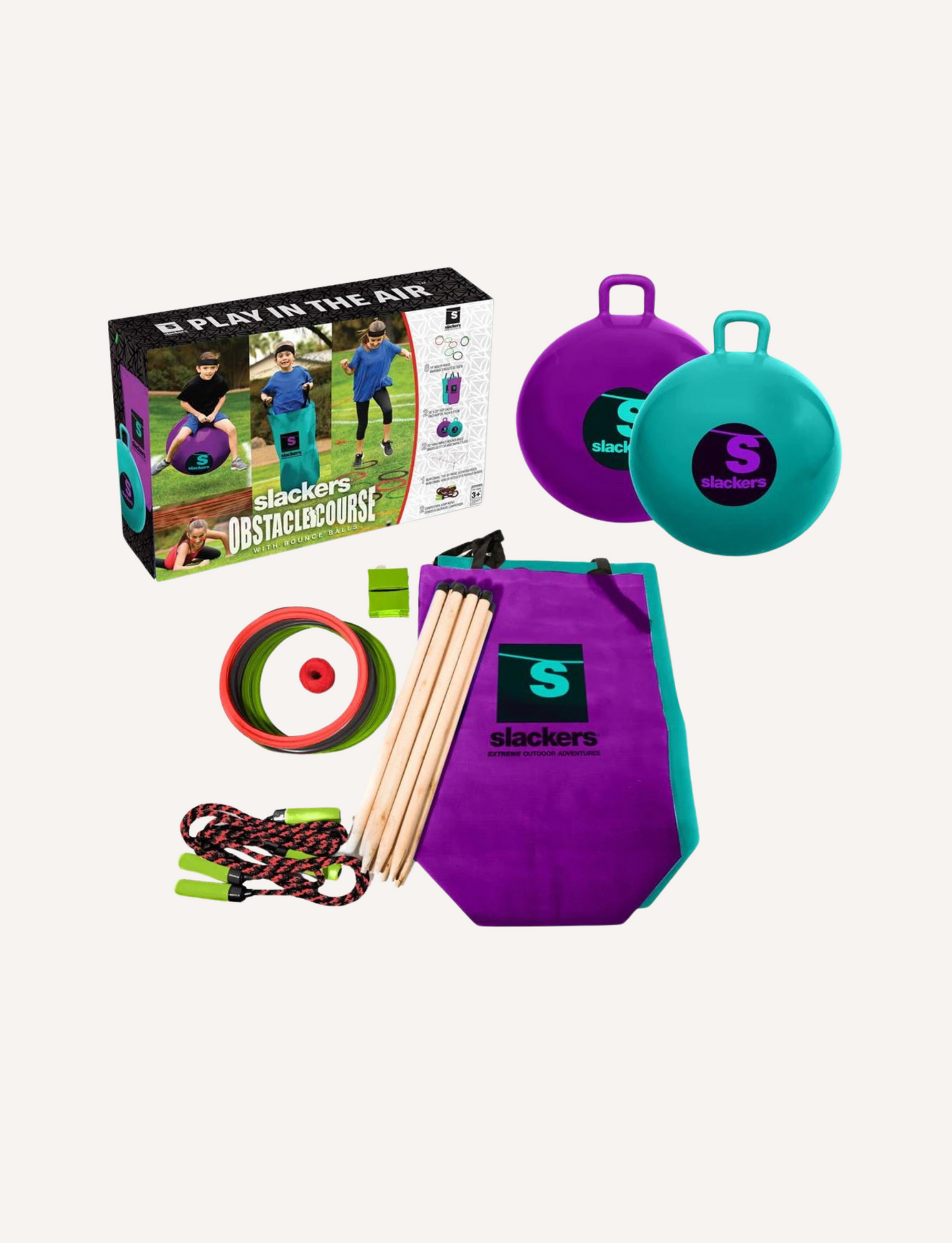 Slackers Ninja Obstacle Course set including two hopper balls, agility rings, rope, poles, and a purple carry bag.