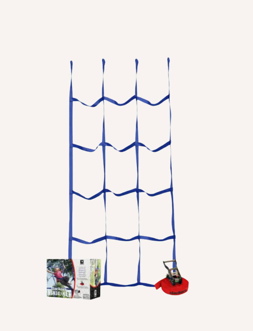 Blue Slackers Ninja Net climbing net and product packaging featuring a child climbing.