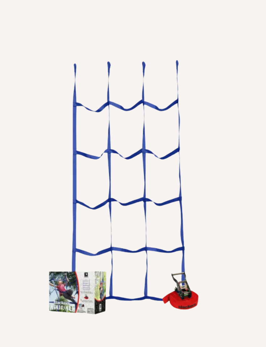 The Ninja Net by Slackers is featured in a green and white product box, accompanied by a red strap. This blue flexible trellis net has a grid pattern perfect for supporting climbing plants.