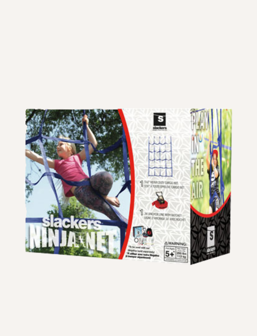 The Ninja Net by Slackers is featured in a green and white product box, accompanied by a red strap. This blue flexible trellis net has a grid pattern perfect for supporting climbing plants.