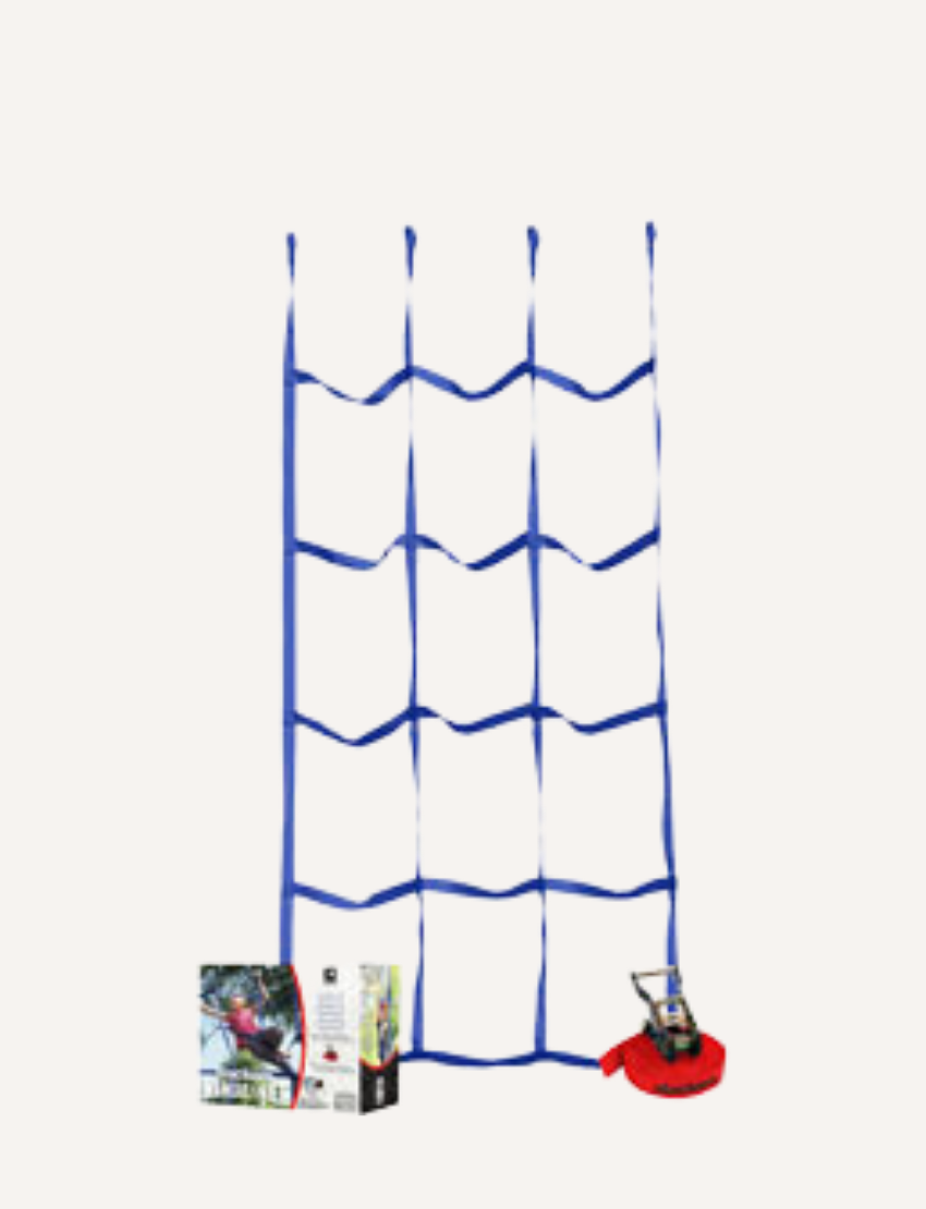 The Ninja Net by Slackers is featured in a green and white product box, accompanied by a red strap. This blue flexible trellis net has a grid pattern perfect for supporting climbing plants.