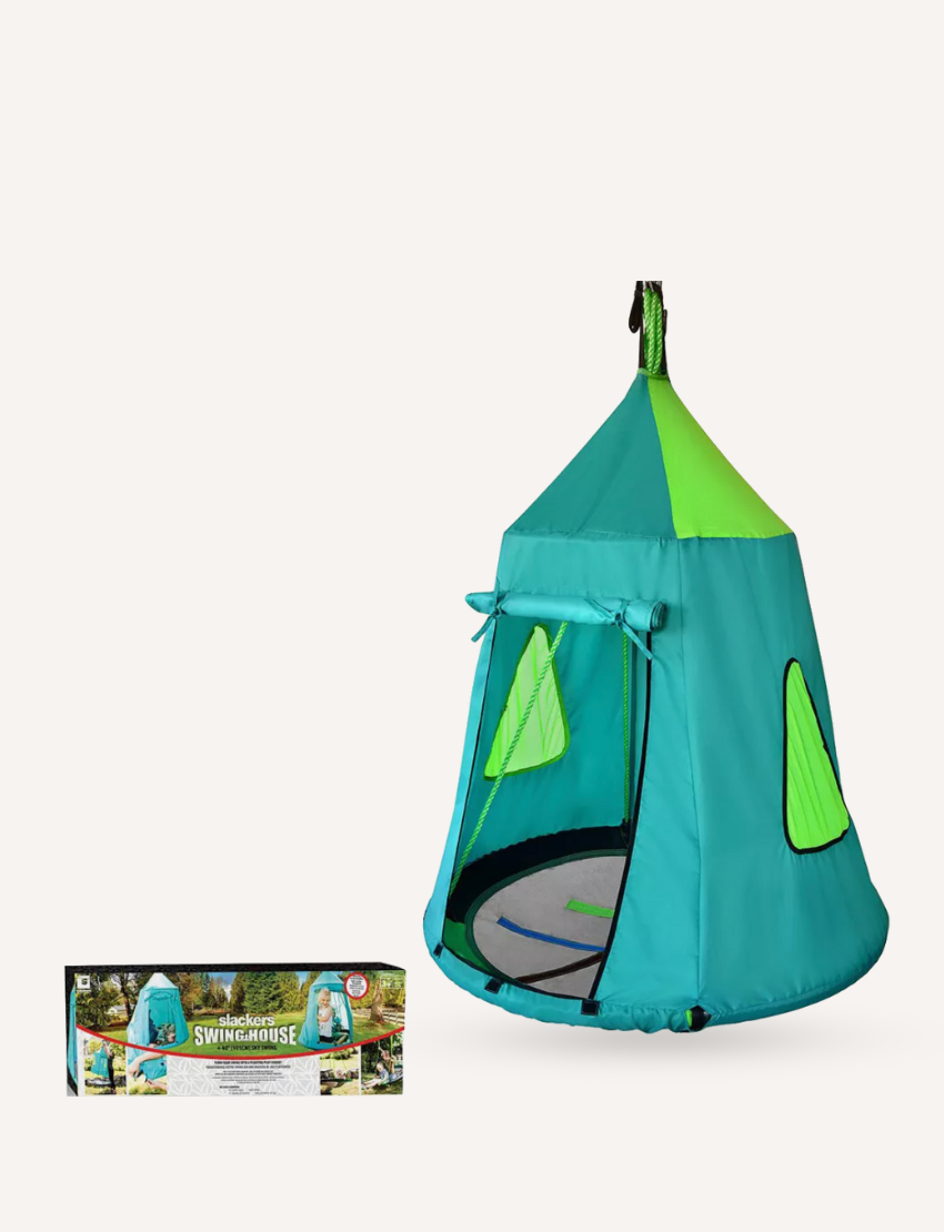 Teal and green Slackers Swing House tent with open door, hanging from a support. Product box is visible.