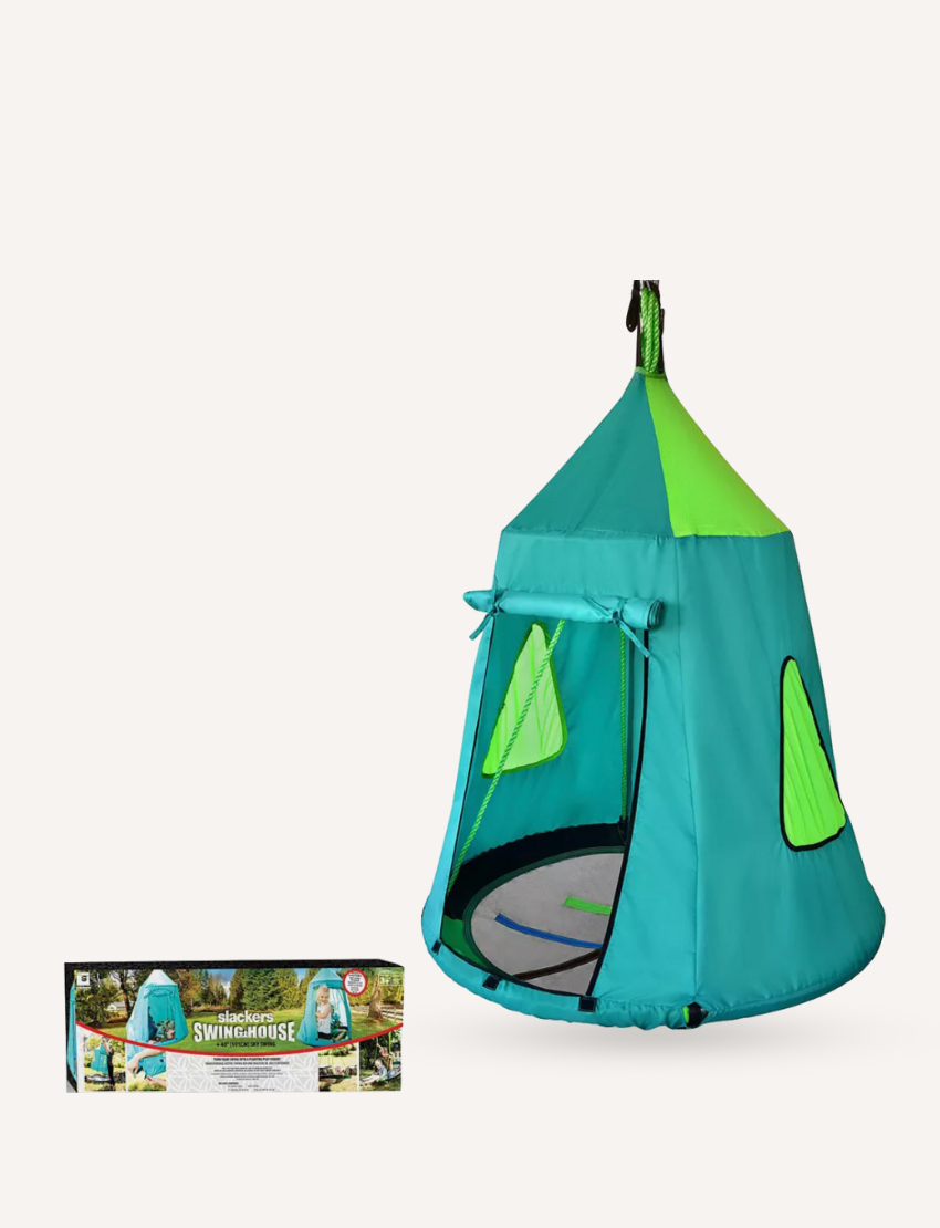 A Teal Swing House with a 40" swing from Slackers, featuring triangular windows, is displayed against a white background. Next to it is the product packaging showcasing images of the tent set up outdoors.