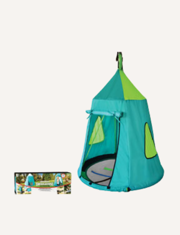 A Teal Swing House with a 40" swing from Slackers, featuring triangular windows, is displayed against a white background. Next to it is the product packaging showcasing images of the tent set up outdoors.