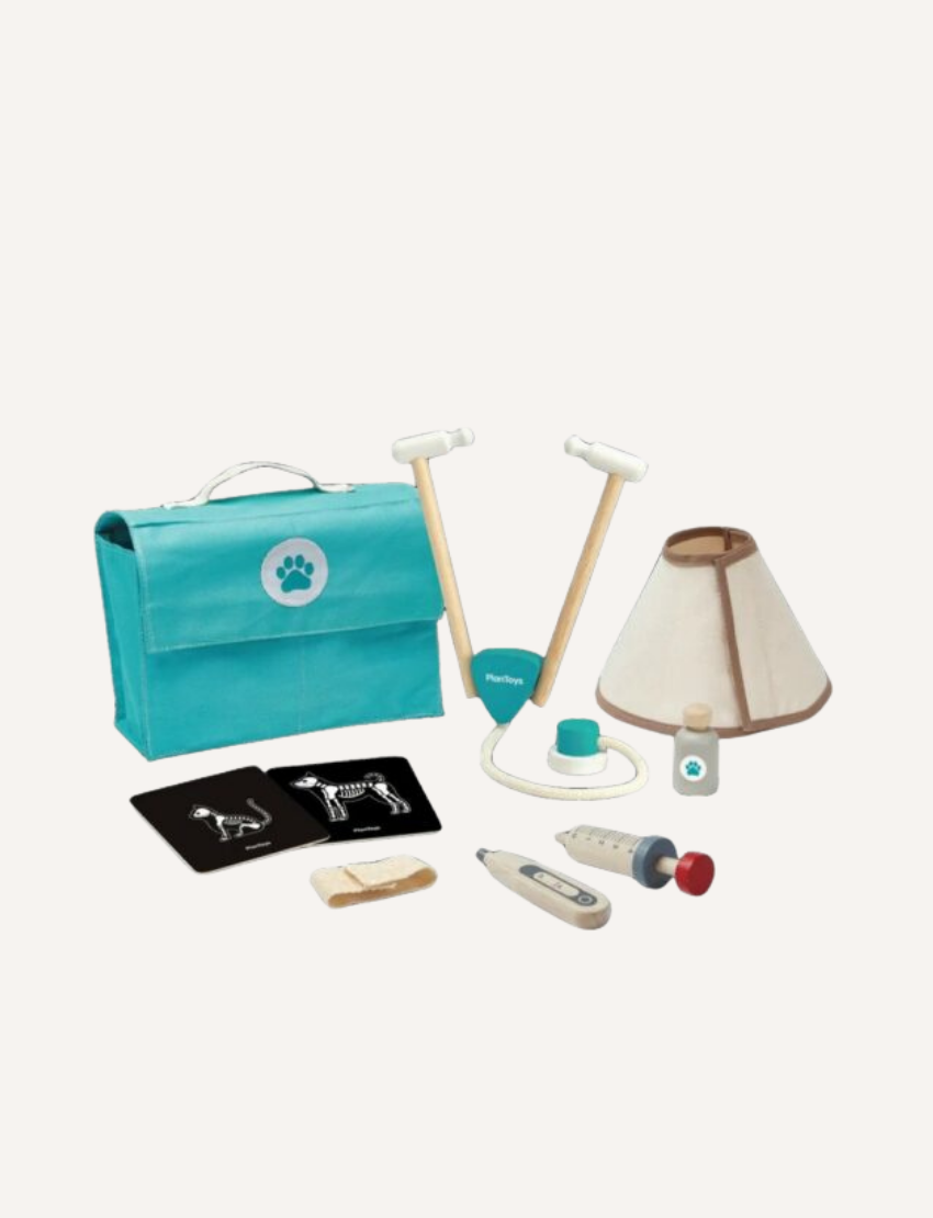 The image shows the Vet Set by PlanToys, complete with various toy tools and accessories. Items include a blue carrying case, a stethoscope, a cone collar, a bottle, a play syringe, a paw print card, and a small wooden plank.