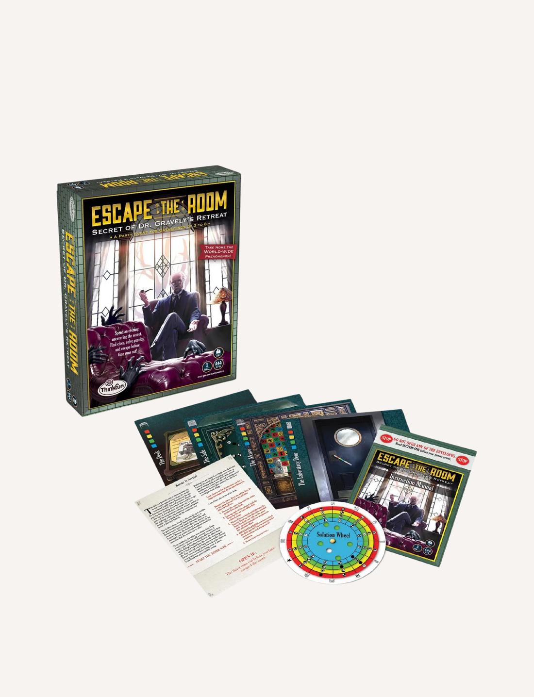 Image of the "Escape the Room: Dr. Gravely's Retreat" board game by ThinkFun. The contents of the escape room kit are displayed, including the game box, instructions, a spinner, and various cards and envelopes needed for solving puzzles during gameplay.