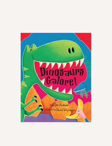 Cover of the picture book titled "Mad About Dinosaurs!" by The Play Way. The illustration shows a green dinosaur with an open mouth, displaying its teeth. The background features vibrant colors with a mix of red, blue, and orange hues evoking prehistoric Earth.