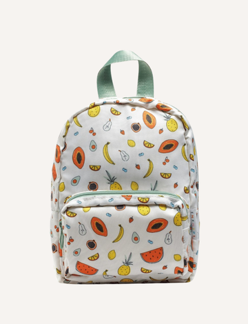 The IZIMINI Mini Backpack, featuring a cream-colored base adorned with a playful fruit pattern—including avocados, bananas, pineapples, and watermelons—is perfect for your toddler. It boasts mint-green straps and zipper pulls, a small exterior pocket, and plenty of space for little essentials.