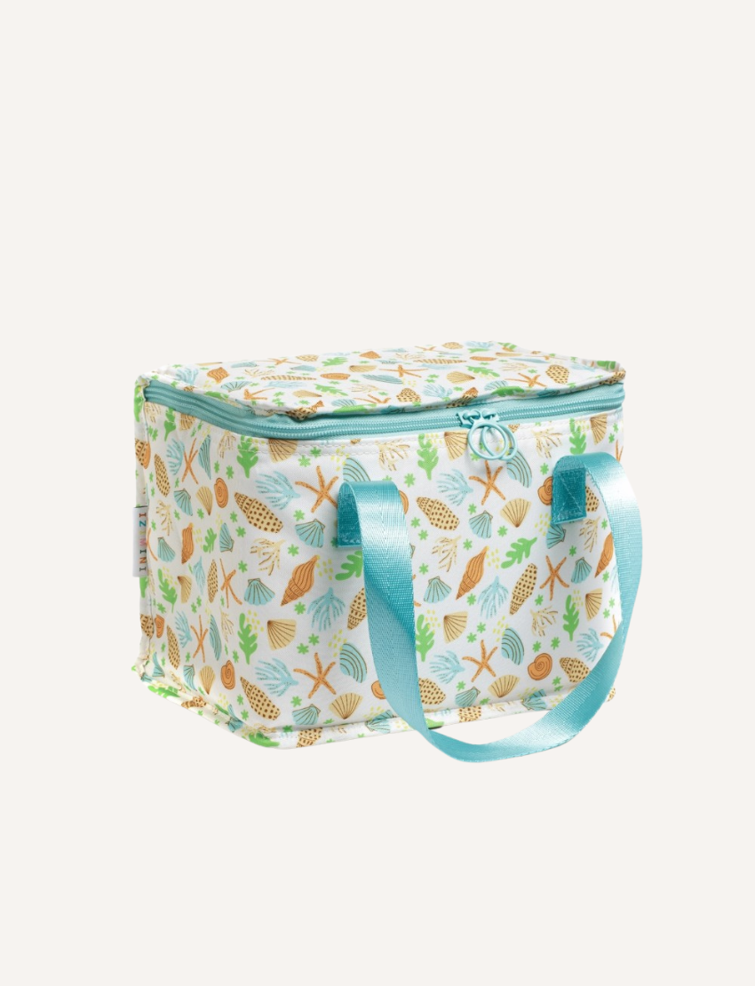 The IZIMINI Lunch Bag is a rectangular insulated bag showcasing a green and white checkerboard pattern. It includes a green handle and a zippered top, all set against a plain white background.