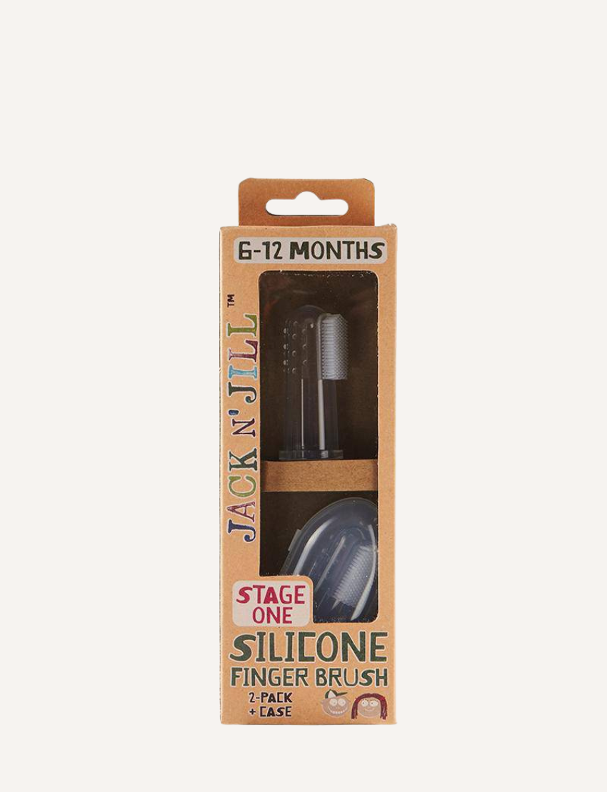 Here is a rewritten version of the sentence using the given product data:

The Silicone Finger Brush - Stage 1 by Jack N' Jill comes in a package designed for infants aged 6-12 months. The package includes two brushes and a case, and it is made of environmentally-friendly brown material with a transparent window.