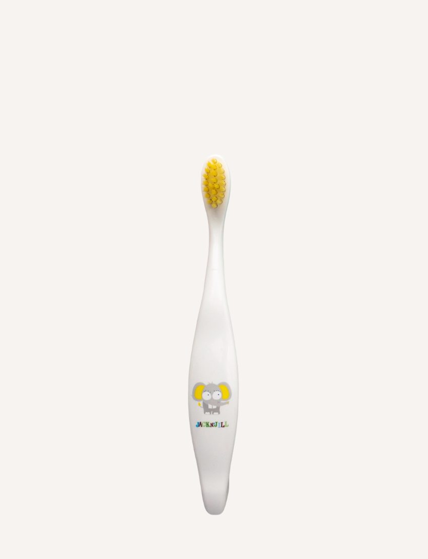 Jack N' Jill's Biodegradable Toothbrush features a white handle and a blue head with a cartoon character wearing glasses and a unicorn horn. This eco-friendly design makes brushing fun for kids while supporting oral care and the planet.