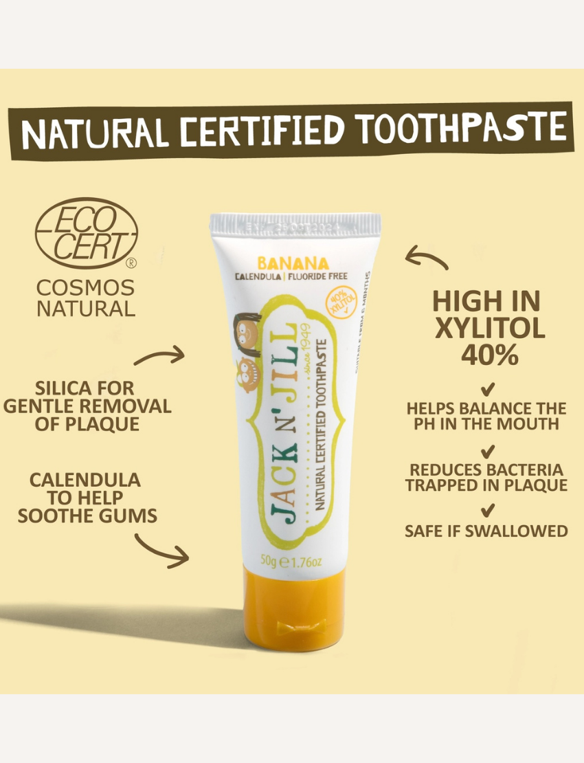 A 50g tube of Jack N' Jill Banana Toothpaste with a delightful natural banana flavor. The label highlights its Ecocert Certification and the fact that it is calendula and fluoride-free. Enriched with xylitol, the design showcases vibrant banana imagery.