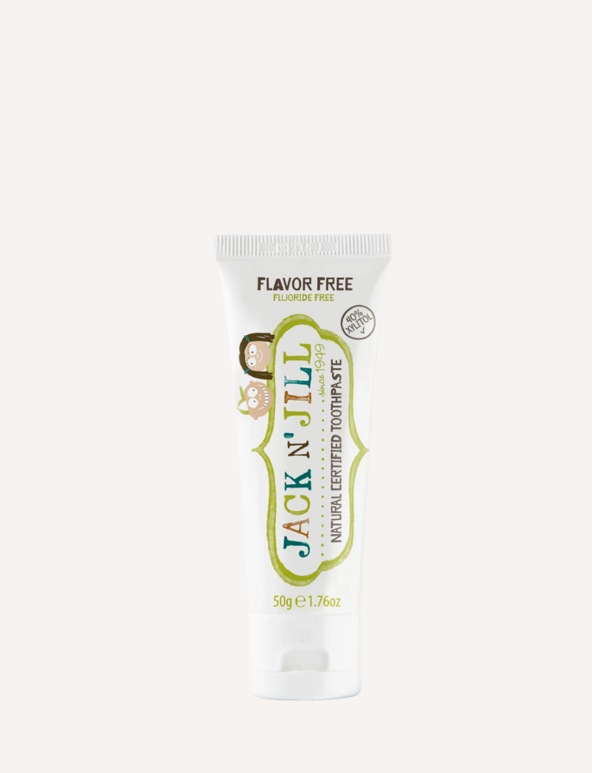 Tube of Jack N' Jill flavor-free, fluoride-free natural certified toothpaste.