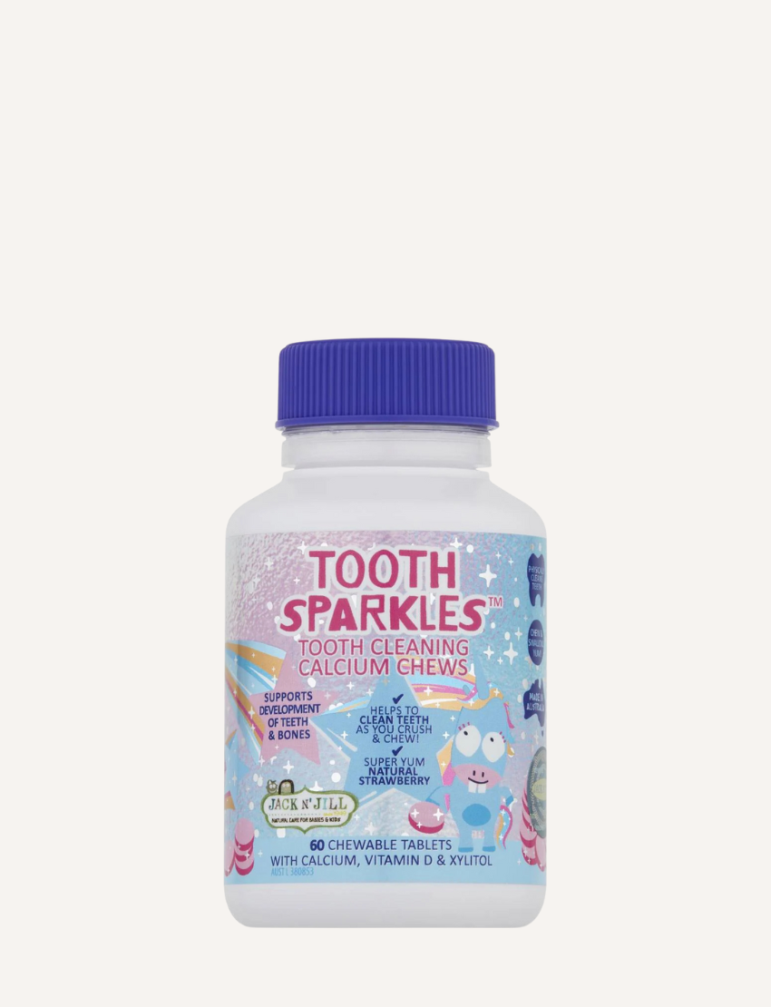 Bottle of Jack N' Jill Tooth Sparkles tooth cleaning calcium chews, strawberry flavor.