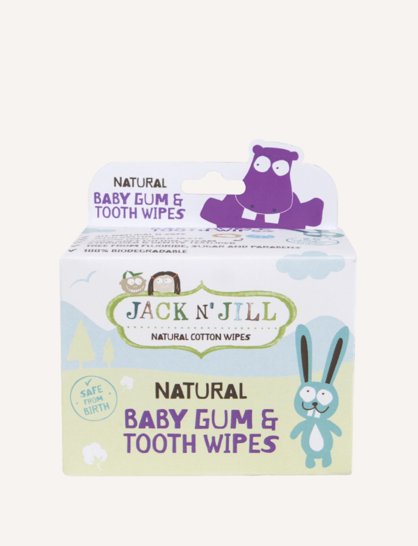 The image features a package of Jack N' Jill Baby Tooth and Gum Wipes. The packaging, decorated with charming animal illustrations, indicates that it is safe for use from birth and contains natural cotton wipes enriched with xylitol.