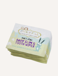 The image features a package of Jack N' Jill Baby Tooth and Gum Wipes. The packaging, decorated with charming animal illustrations, indicates that it is safe for use from birth and contains natural cotton wipes enriched with xylitol.