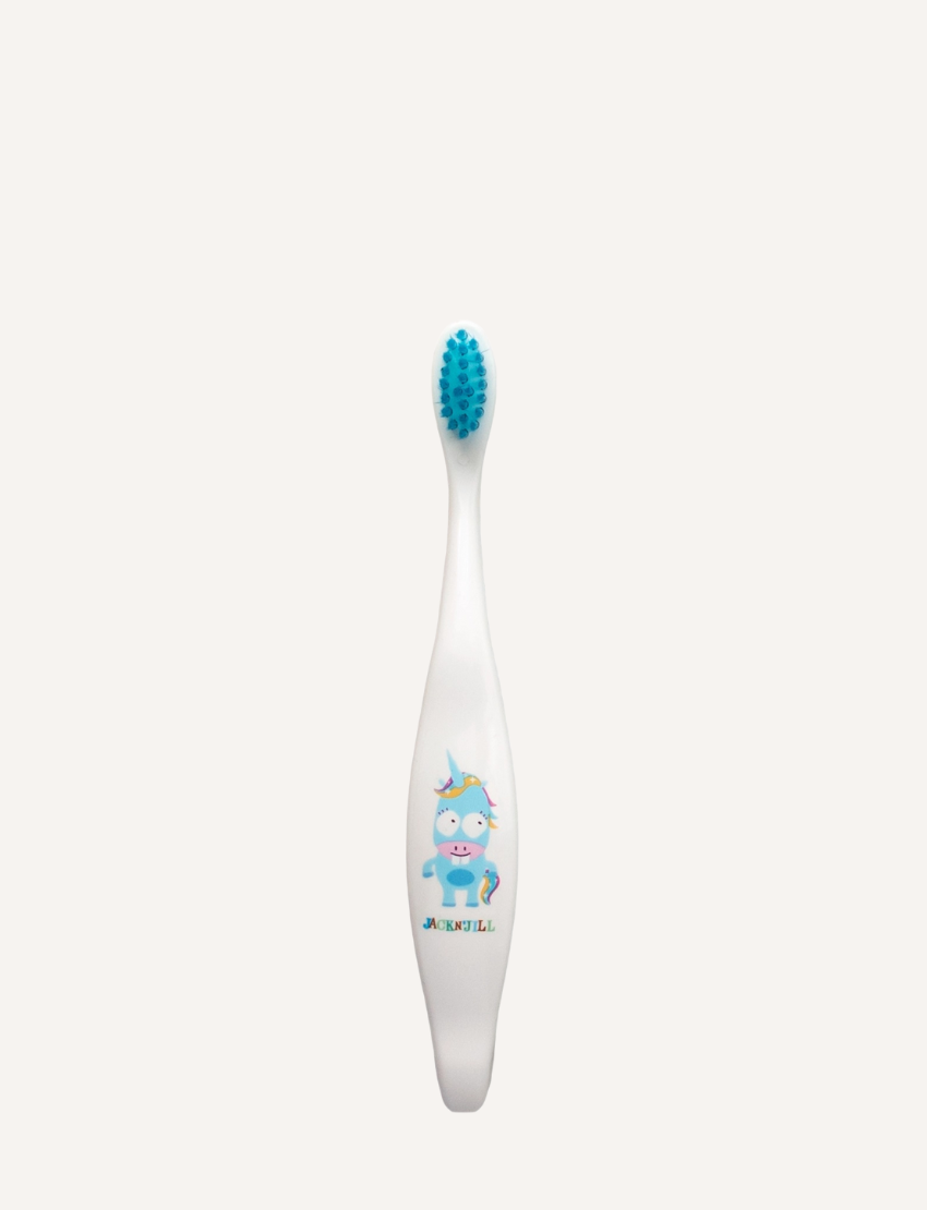 Jack N' Jill Unicorn Biodegradable Toothbrush, white handle with cute unicorn design, blue bristles.