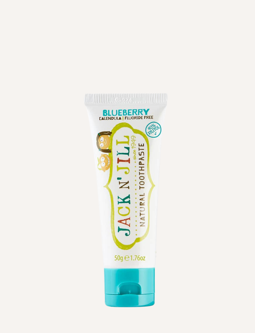 A 50g tube of Jack N' Jill Flavoured Toothpaste features colorful illustrations and a delightful blueberry flavor. Ecocert-certified, it's fluoride-free, enriched with calendula and xylitol, and safe if swallowed.