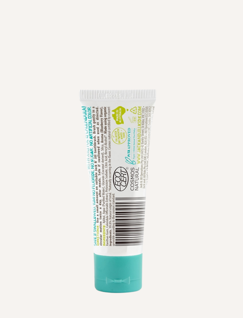 A tube of Jack N' Jill Blueberry Toothpaste, featuring a blueberry flavor, calendula, and no fluoride. The white packaging with green and blue accents includes cartoon characters for a fun brushing experience. This xylitol-infused toothpaste weighs 50g or 1.76oz.