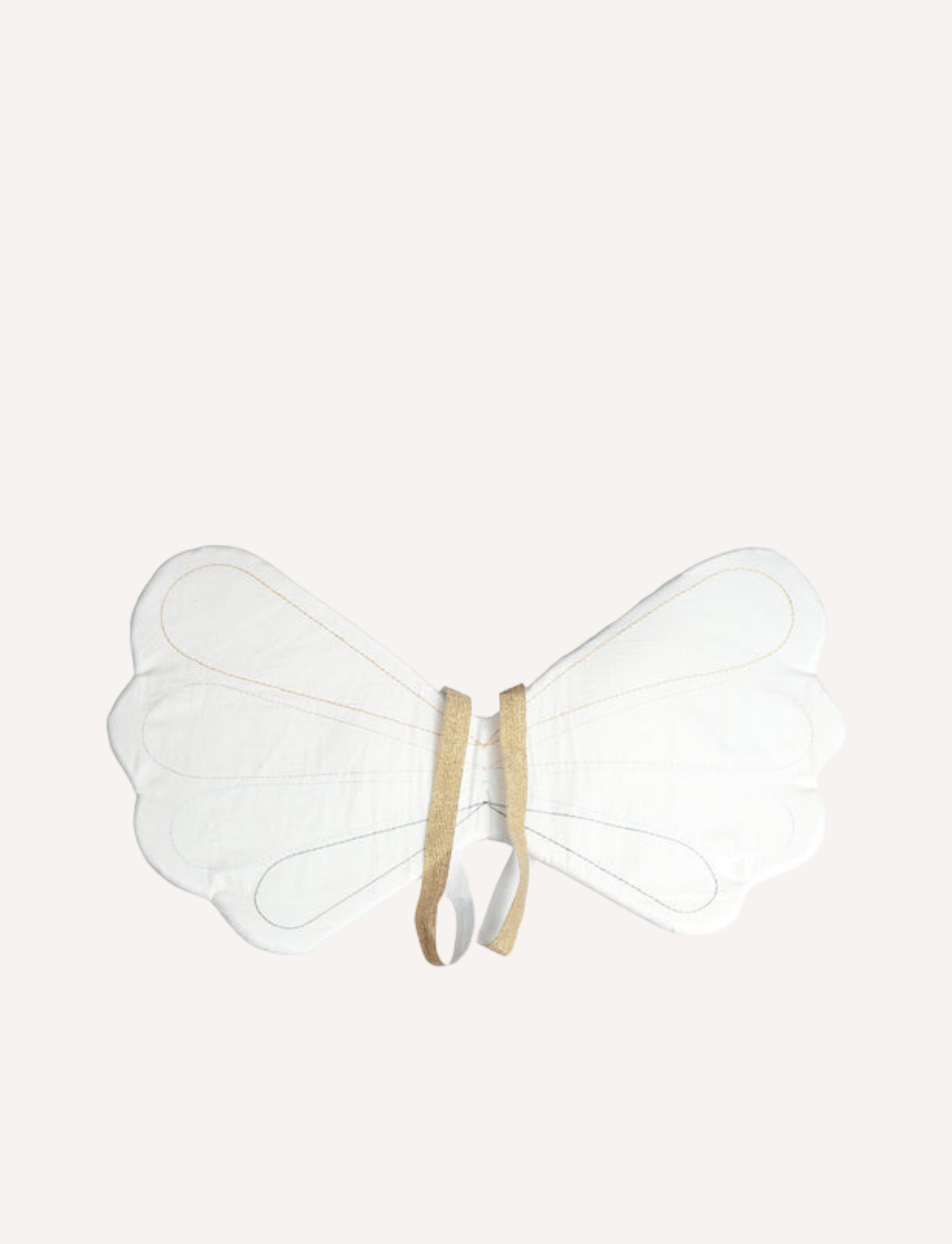 The Fairy Wings - Natural by Fabelab are a pair of butterfly-shaped, white fabric wings featuring subtle stitched patterns and elastic gold-colored shoulder straps. Made from organic cotton, these enchanting wings are designed to be worn on the back.