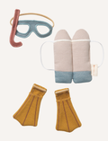 Two Fabelab Doll, Outfit & Accessories Bundles are near a small inflatable pool. One doll wears a yellow swimsuit, sitting inside with removable goggles and lifebuoy. The other stands nearby in a striped dress. Nearby are swim fins, arm floats, and a striped umbrella.