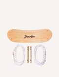 A Swurfer Swingboard by Flybar, featuring a wooden curved board with the brand name 