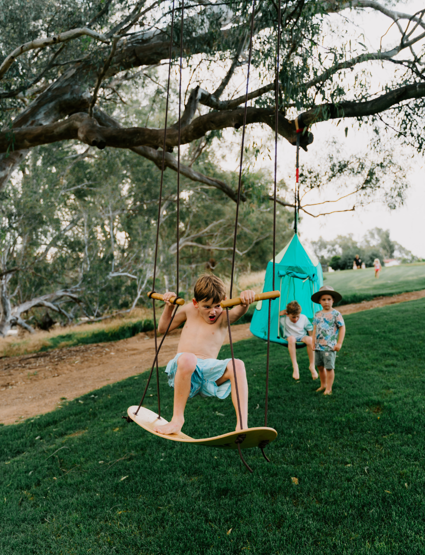 A Swurfer Swingboard by Flybar, featuring a wooden curved board with the brand name "Flybar" printed on it. It comes with two sturdy white ropes accented in orange and two wooden handles. The board includes four holes for rope attachment.