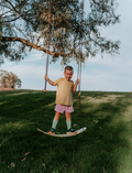 A Swurfer Swingboard by Flybar, featuring a wooden curved board with the brand name 