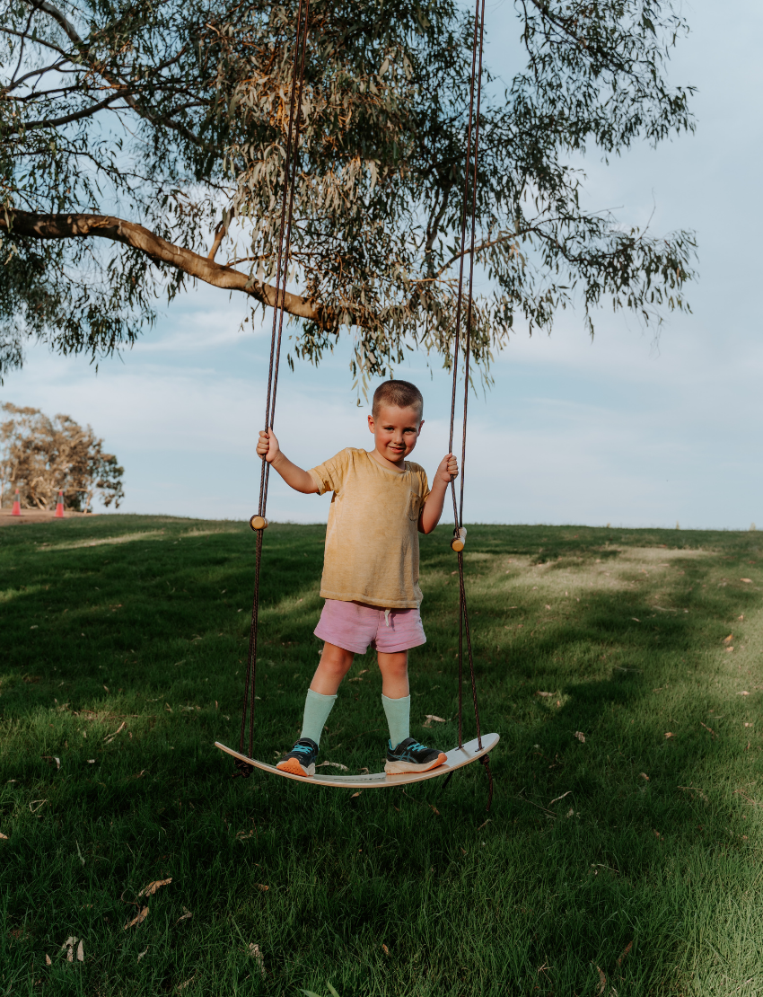 A Swurfer Swingboard by Flybar, featuring a wooden curved board with the brand name "Flybar" printed on it. It comes with two sturdy white ropes accented in orange and two wooden handles. The board includes four holes for rope attachment.