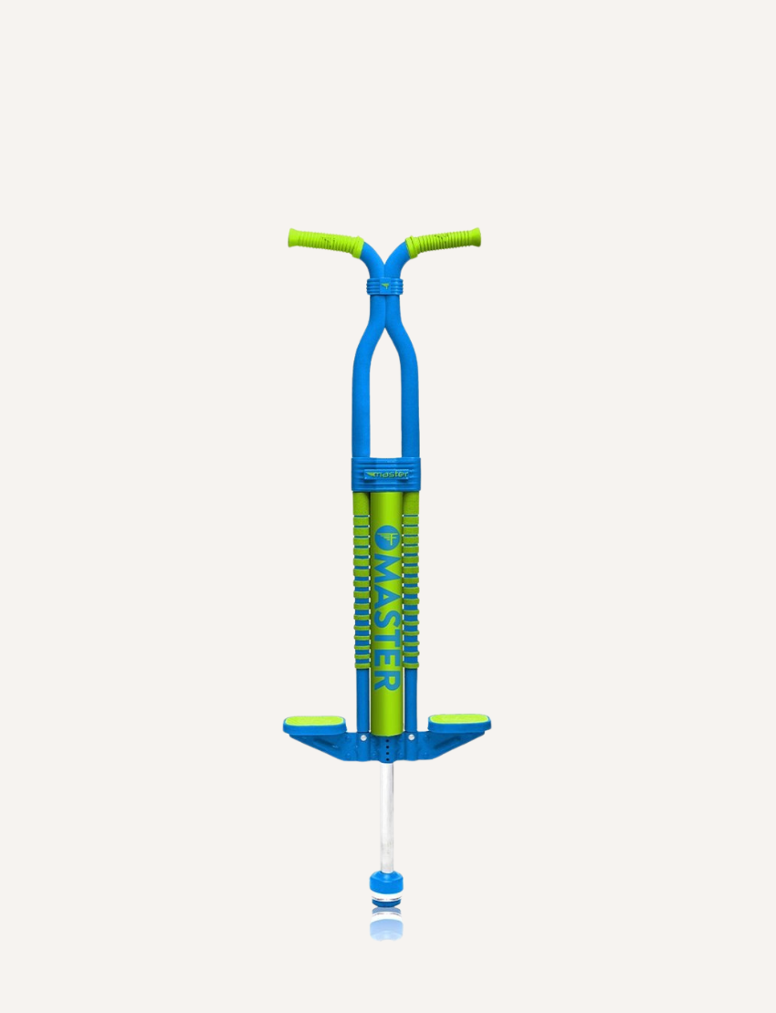 An image of a blue and green Master Pogo from Flybar, perfect for outdoor activity for kids. The pogo stick features green handlebars, a blue frame, and green footrests. The middle section is labeled "Flybar Foam Master" in yellow and green letters. The background is white.