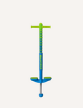 A blue Flybar Maverick Pogo Stick with green handle grips and non-slip foot pegs. The word 