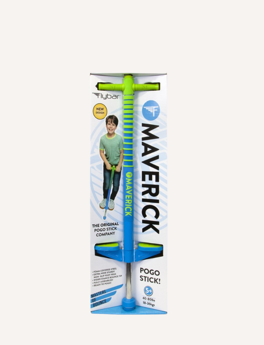 A blue Flybar Maverick Pogo Stick with green handle grips and non-slip foot pegs. The word "Maverick" is written in green on the vertical shaft of the foam-covered metal frame. The Maverick Pogo features a robust metal spring mechanism at the bottom for high-flying fun.