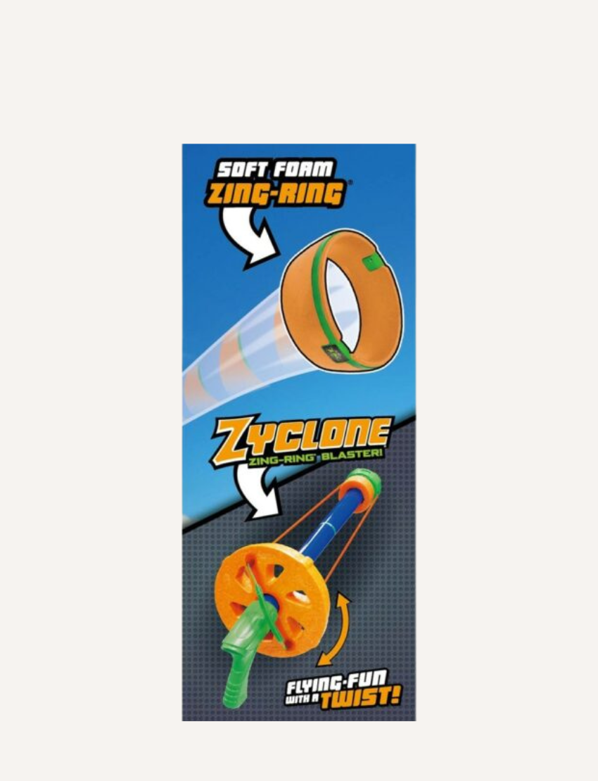 A vibrantly packaged Zyclone Blaster toy from Zing, suitable for ages 8 and up, is shown. The box features a child demonstrating the blaster's ability to propel rings over 75 feet. The package includes one Zyclone Blaster and three Zing-Ring Fliers, along with warning labels.