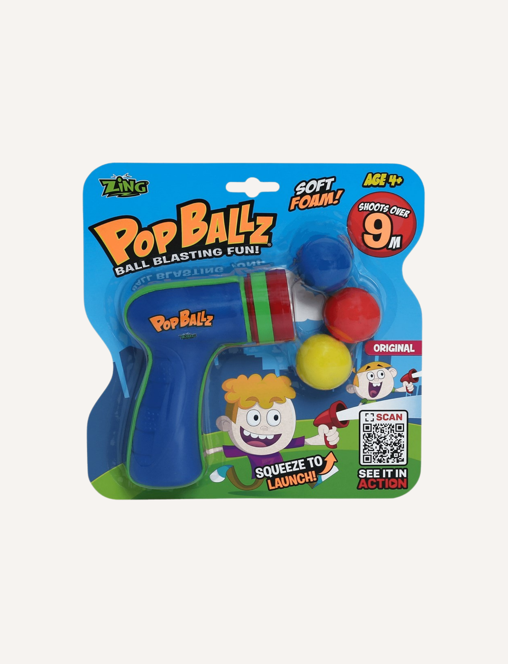 The "Classic Pop Ballz" by Zing is an exciting air-powered toy set featuring a green toy gun and three soft foam balls in red, blue, and yellow. Designed for children aged 4 and up, the packaging claims the balls can be shot over 9 meters, promising endless fun.