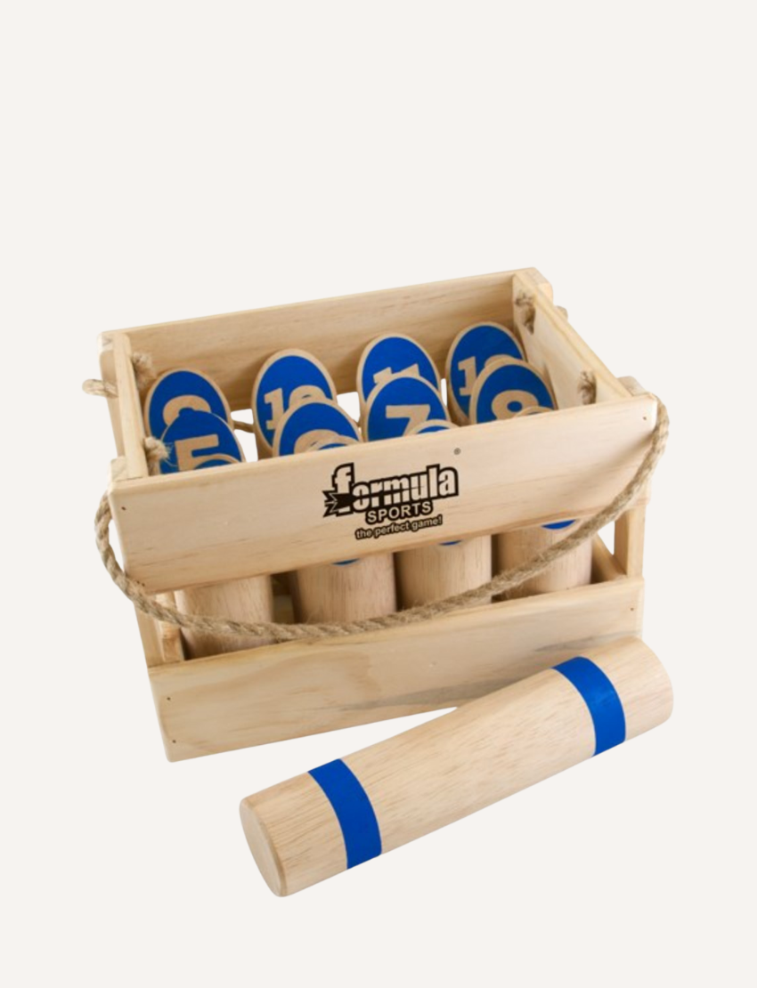 A wooden crate from Formula Sports and Games, labeled "Number Toss," contains numbered wooden pins with blue paint and a separate larger cylindrical stick. The crate, perfect for a fun game, features rope handles and has "Formula Sports" written on the side.