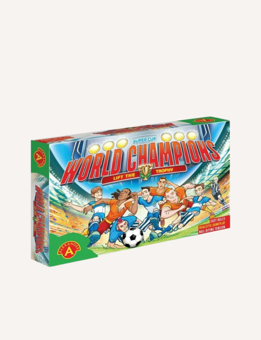 Image of a board game titled "World Champions Football" by Alexander Toys. The set includes a game board designed like a soccer field, colorful dice, score sheets, a pen, and cards featuring different country flags. The game box displays an illustration of soccer players in action.