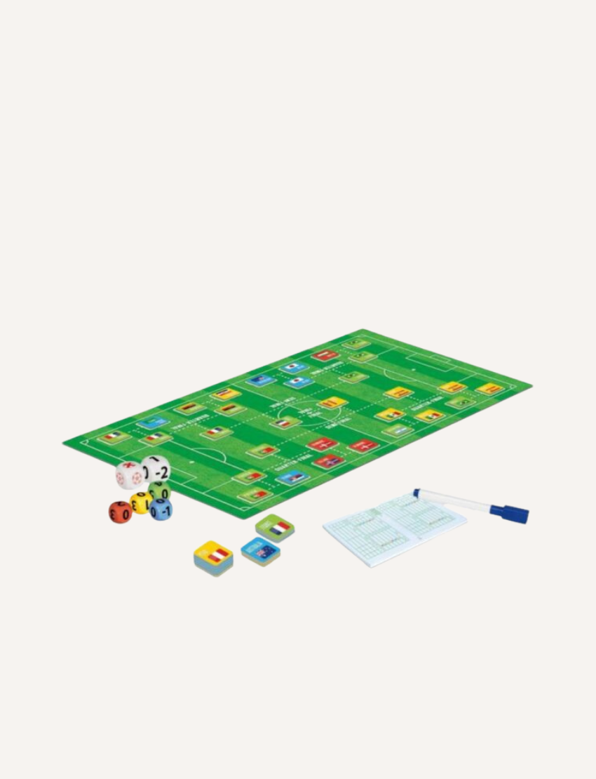 Image of a board game titled "World Champions Football" by Alexander Toys. The set includes a game board designed like a soccer field, colorful dice, score sheets, a pen, and cards featuring different country flags. The game box displays an illustration of soccer players in action.