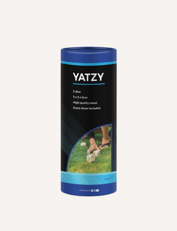 A cylindrical container labeled "Outdoor Yatzy" by Formula Sports and Games, featuring a blue and black design. It states: "5 dice, each measuring 5 x 5 x 5 cm, made from high-quality wood, with a score sheet included." A photo of someone playing dice on the grass is visible on the lower section.