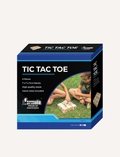 The Formula Sports and Games Tic Tac Toe box packaging displays an image of two people playing the game outside using large wooden blocks. It emphasizes that the set includes 9 high-quality wooden pieces, each measuring 7x7x7 cm, along with the game rules.